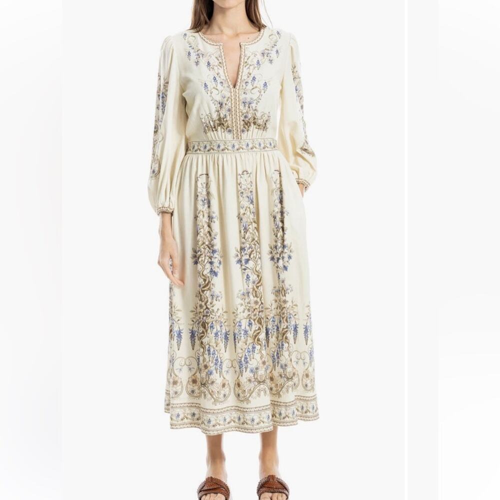 Max Studio NWTs Ballon Sleeve Cream Floral MIDI Dress Size small Boho Cottage